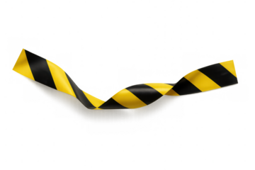 Caution tape with black and yellow stripes waving against transparent backdrop, signaling warning and restricted movement