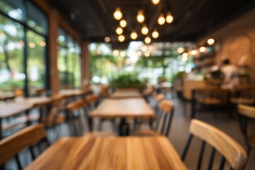 Cozy modern cafe interior with warm lighting and wooden tables