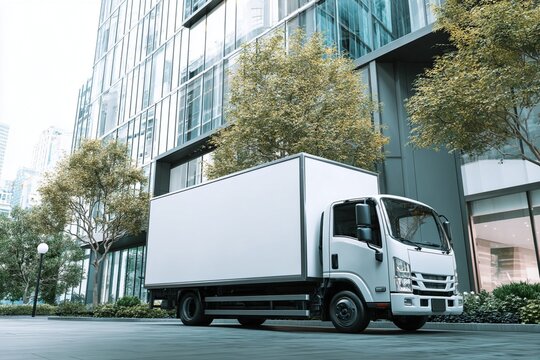 Fototapeta Small Truck with Blank White Mockup Parked in Front of Modern Building on City Street for Advertising