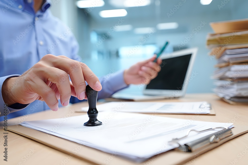 Poster close up of a businessman s hand holding a stamp over a document on a desk with a laptop and stack o