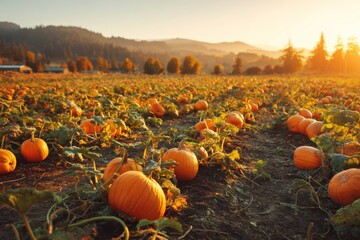 Sunlit pumpkin field at sunset in rural autumn landscape