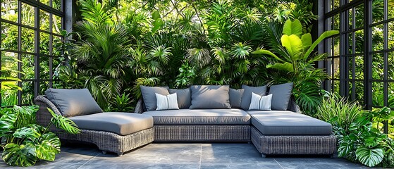 Cozy Outdoor Lounge Area Surrounded by Lush Tropical Plants