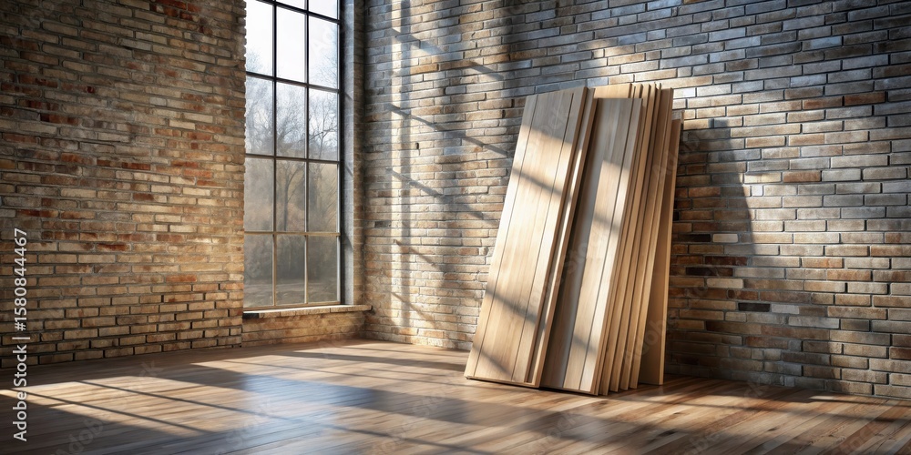 Poster sunlight streams through a large window illuminating a stack of lumber leaning against a brick wall 