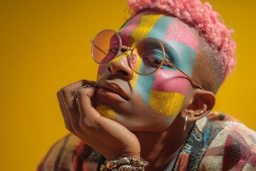 Youthful afro American transgender man with pink hair wearing make up , looking fashion and glamorous with face painted with flag colors on yellow background . generative ai