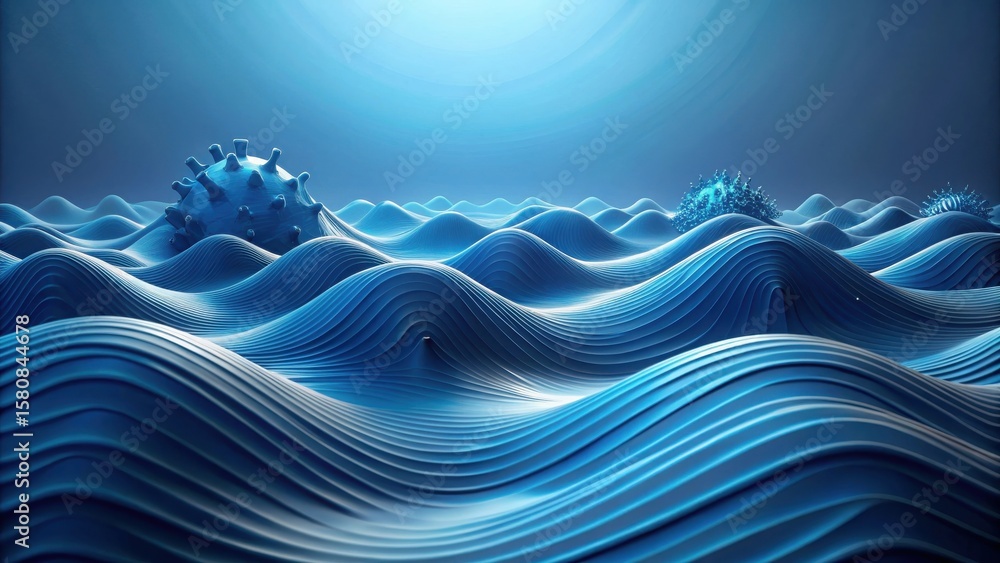 Poster abstract blue undulating surface with spiked spheres representing a microcosm of interconnectedness
