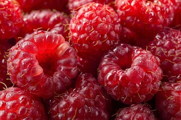 Close-up of fresh ripe red raspberries with dew drops and detailed texture