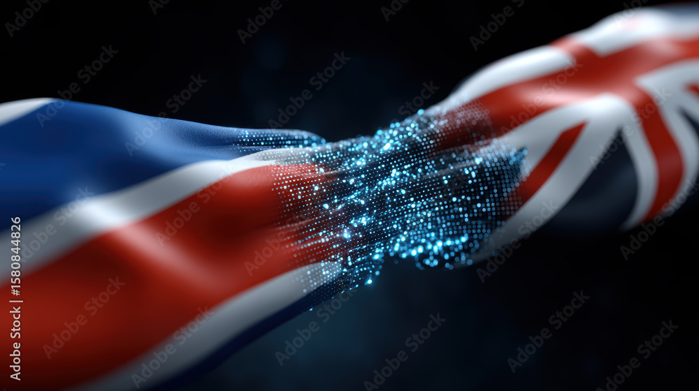 Poster digital representation of united kingdom flag dissolving into particles, symbolizing transformation 