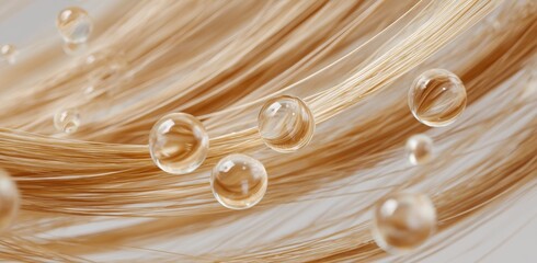 A close up of a person's hair with many small, clear spheres scattered throughout. The hair appears to be dry and frizzy, and the spheres seem to be representing moisture or oil