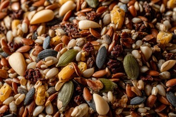 Obraz premium A pile of nuts and seeds with a variety of colors and textures. Concept of abundance and variety, as well as the idea of a healthy snack or meal