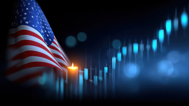 American flag with glowing candle and financial chart in dark background, symbolizing economic growth and hope