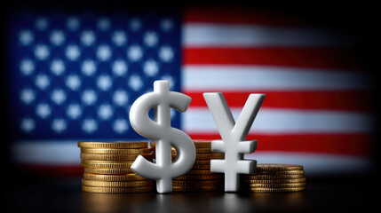 Dollar and yen symbols with stacked coins in front of blurred American flag, symbolizing international finance