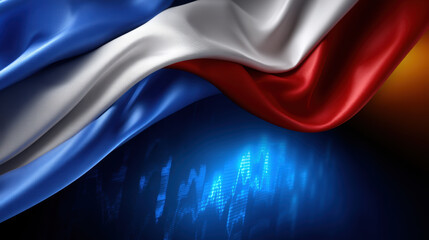 Image features flowing Russian flag with digital financial graph in background, symbolizing economic trends