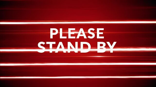 Full screen red alert background with bold please stand by glitch text