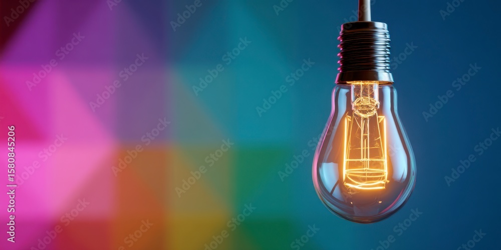 Poster a light bulb is hanging from a wire. the light bulb is lit up and is the only thing in the image