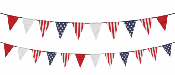 Colorful bunting flags in red, white, and blue create festive atmosphere, perfect for celebrations and events