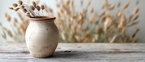 Rustic ceramic vase with dried flowers on a wooden table setting