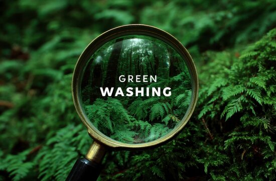 A close-up view of a forest is displayed with a magnifying glass, and the title "Green Washing" is written below it. The forest is filled with vibrant green trees and plants, creating a serene