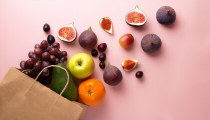 assorted fruits like grapes figs and apples falling into a paper bag from above fresh and clean on a pastel pink background