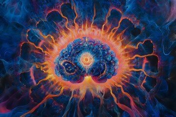 Psychedelic Cosmic Brain – Radiating Neural Energy in Electric Blue & Fiery Orange, Mind Expansion Art, Surreal Consciousness Mandala Illustration