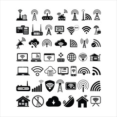 Collection of black and white icons representing wireless technology and connectivity