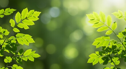 Fototapeta premium Green Leaves with Sunlight and Natural Bokeh Background