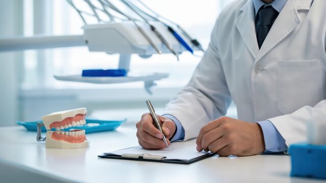 Dentist writing on clipboard with dental model and tools in the background in a bright office