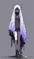 Anime-style character resembling a young girl or woman, standing full-body. She wears a hooded white cloak