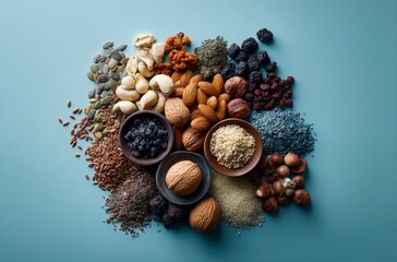 Obraz premium A variety of nuts and seeds are spread out on a blue surface. Concept of abundance and variety, as there are many different types of nuts and seeds in various shapes and sizes