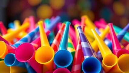 Colorful party horns arranged in a vibrant pattern, evoking festive celebration and joy.