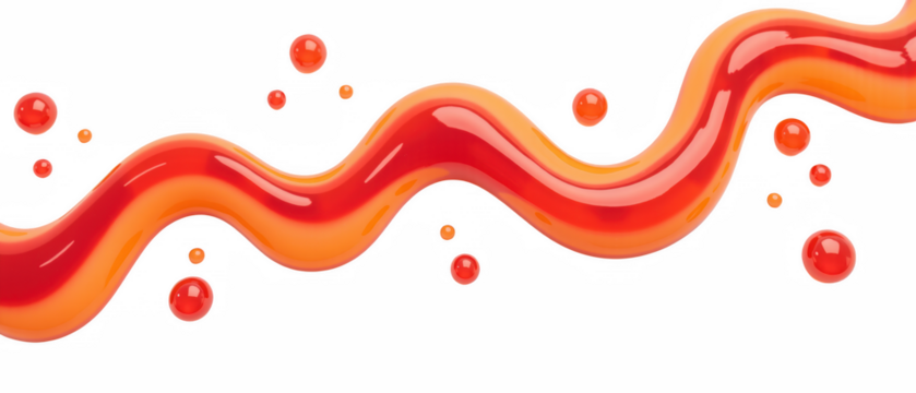 Glossy red and orange liquid waves with droplets create vibrant and dynamic visual effect. flowing design adds sense of movement and energy