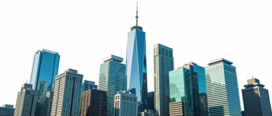 Modern skyline featuring tall buildings, glass facades, and prominent tower. urban landscape showcases architectural diversity and city life