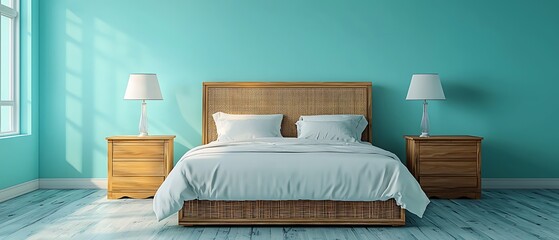 Cozy Modern Bedroom with Rattan Furniture and Aqua Blue Walls