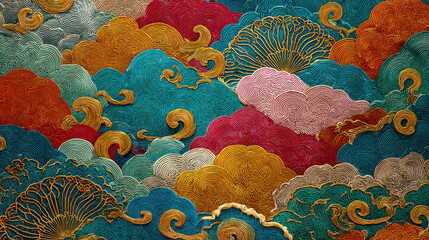 Colorful cloud pattern, Japanese traditional watercolor