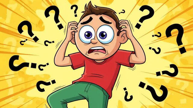 Animated Boy with Question Marks in Yellow Background