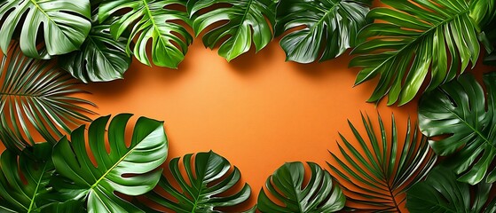 Vibrant Green Tropical Leaves on Orange Background for Decoration
