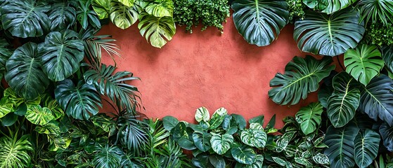Vibrant Green Leaves Against Warm Orange Wall for Stylish Decor