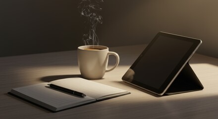 Productive Morning Workspace with Tablet, Coffee, and Notebook