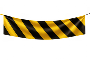 Realistic black and yellow caution tape hanging and waving on transparent background, creating a restricted area