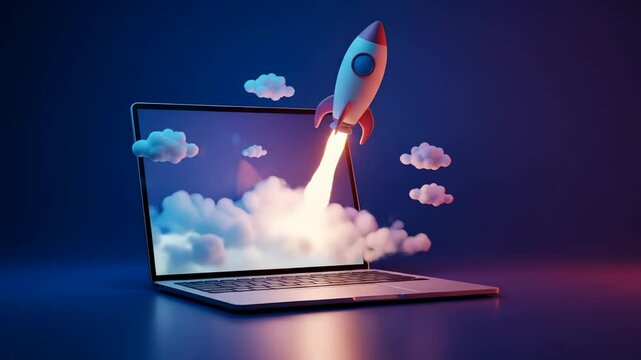Dynamic rocket launch from a laptop screen, symbolizing innovative technology, digital startup success, business growth, and cloud computing.