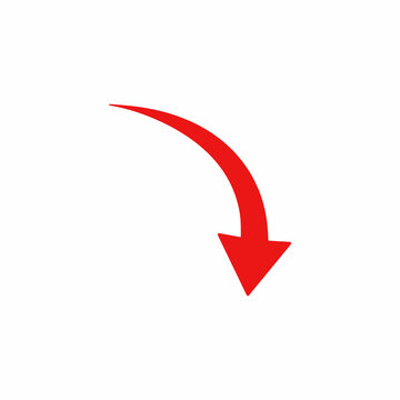 A simple red curved arrow pointing downwards on a white background