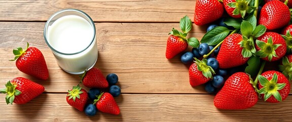 Rustic wooden table, fresh strawberries, blueberries, milk glass, healthy breakfast,   food styling,   simple