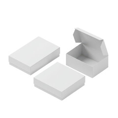 Three blank white gift boxes with one open showing the interior isolated on transparent background