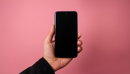 hand holding a black smartphone against a pink background