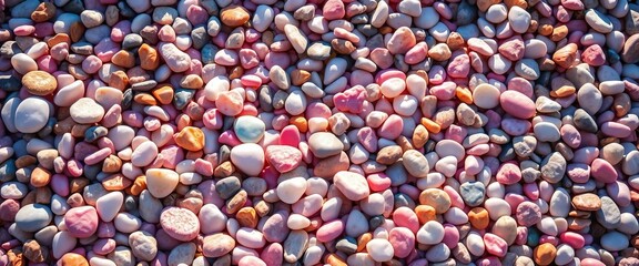 Sunlit multicolored pebbles, pink shadows, turquoise blue tint, vertical pebble beach texture, vibrant, rock