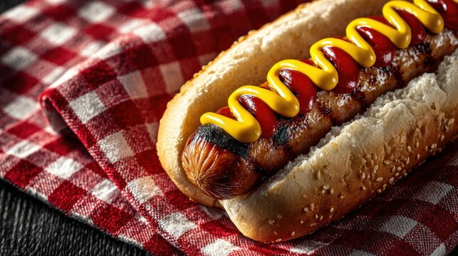Grilled hot dog, mustard, and ketchup on a bun, resting on a checkered tablecloth