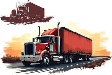 Red Truck with Trailer Sunset Journey and Concept Sketch Vector Art