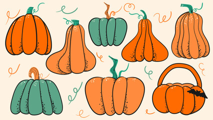Doodle pumpkin set for Halloween. Autumn, Halloween decoration element. Isolated vector illustration.