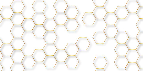 Abstract hexagon white background with shadow .golden background Futuristic blue neon honeycombs. Modern technology design. Vector illustration.	
