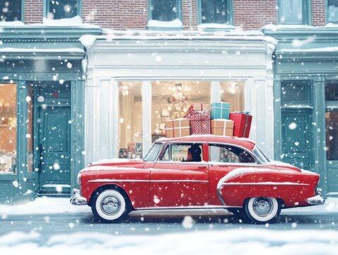 Fototapeta Red vintage car laden with gifts, parked in front of a snow-dusted storefront