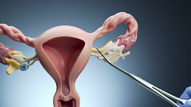 Detailed Pink Uterus Anatomy with Surgical Instrument on Blue Background Illustrating Female Reproductive System for Medical Education and Healthcare Professionals